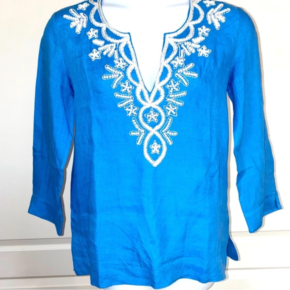 Lilly Pulitzer Amelia Island Blue Linen Tunic Medium Top Beaded Resort - Picture 1 of 11